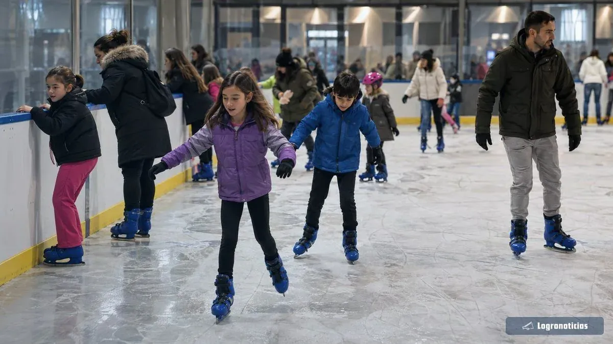 Familias patinando en una pista de hielo cubierta junto a la valla
