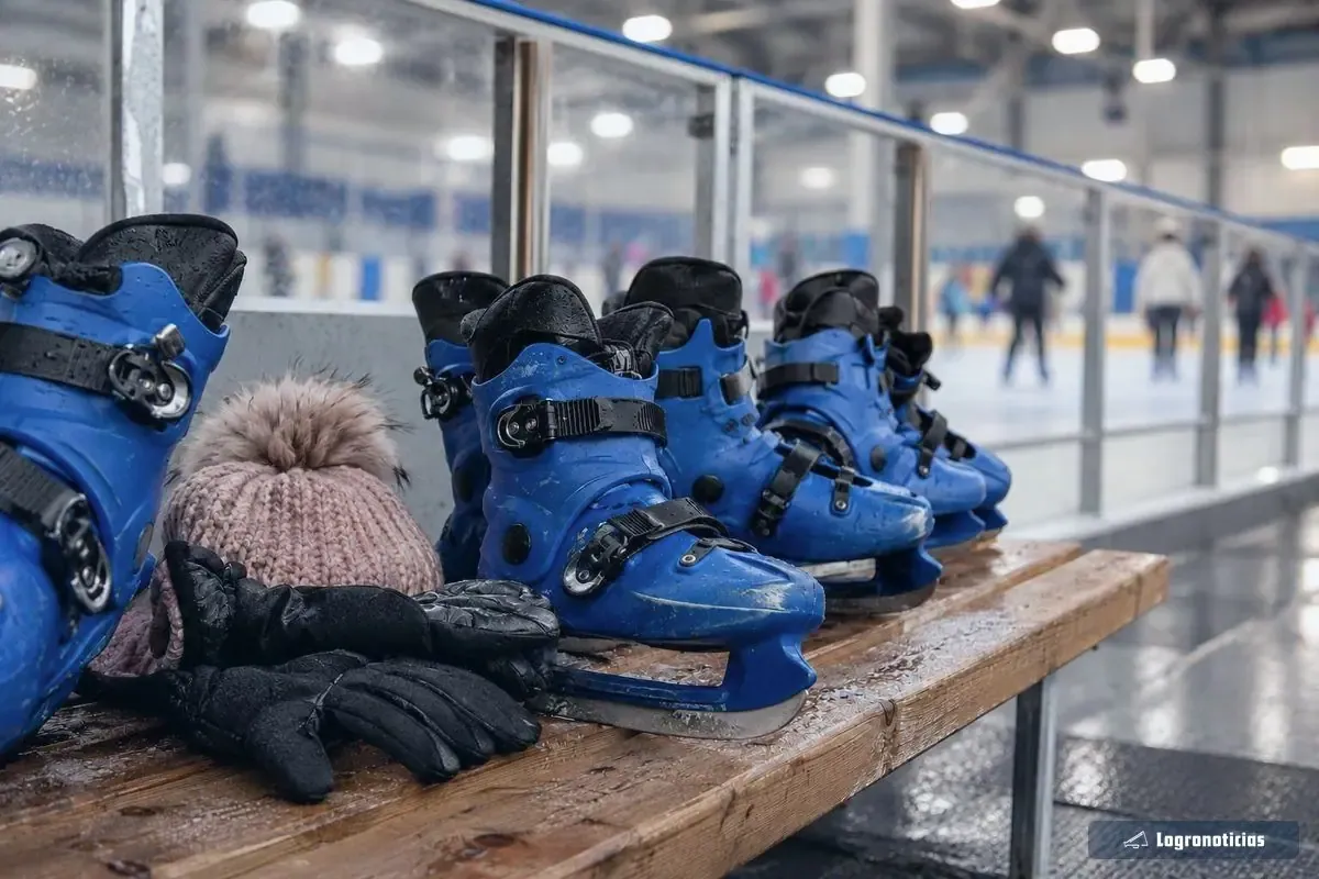 Patines de alquiler sobre un banco junto a la pista con guantes y gorro