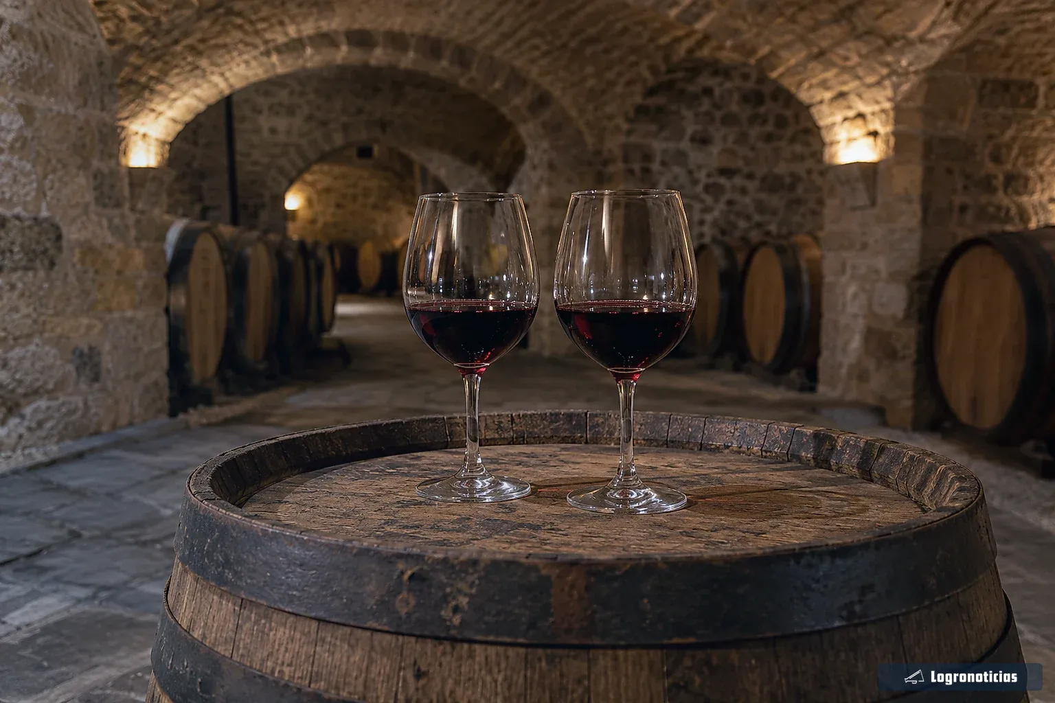 Copas de vino tinto sobre una barrica de madera en una sala de piedra