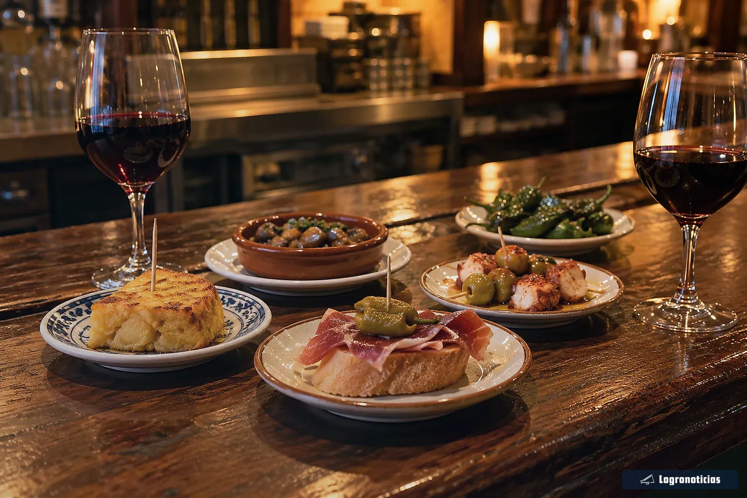 Barra de bar con pinchos variados y dos vasos de vino tinto
