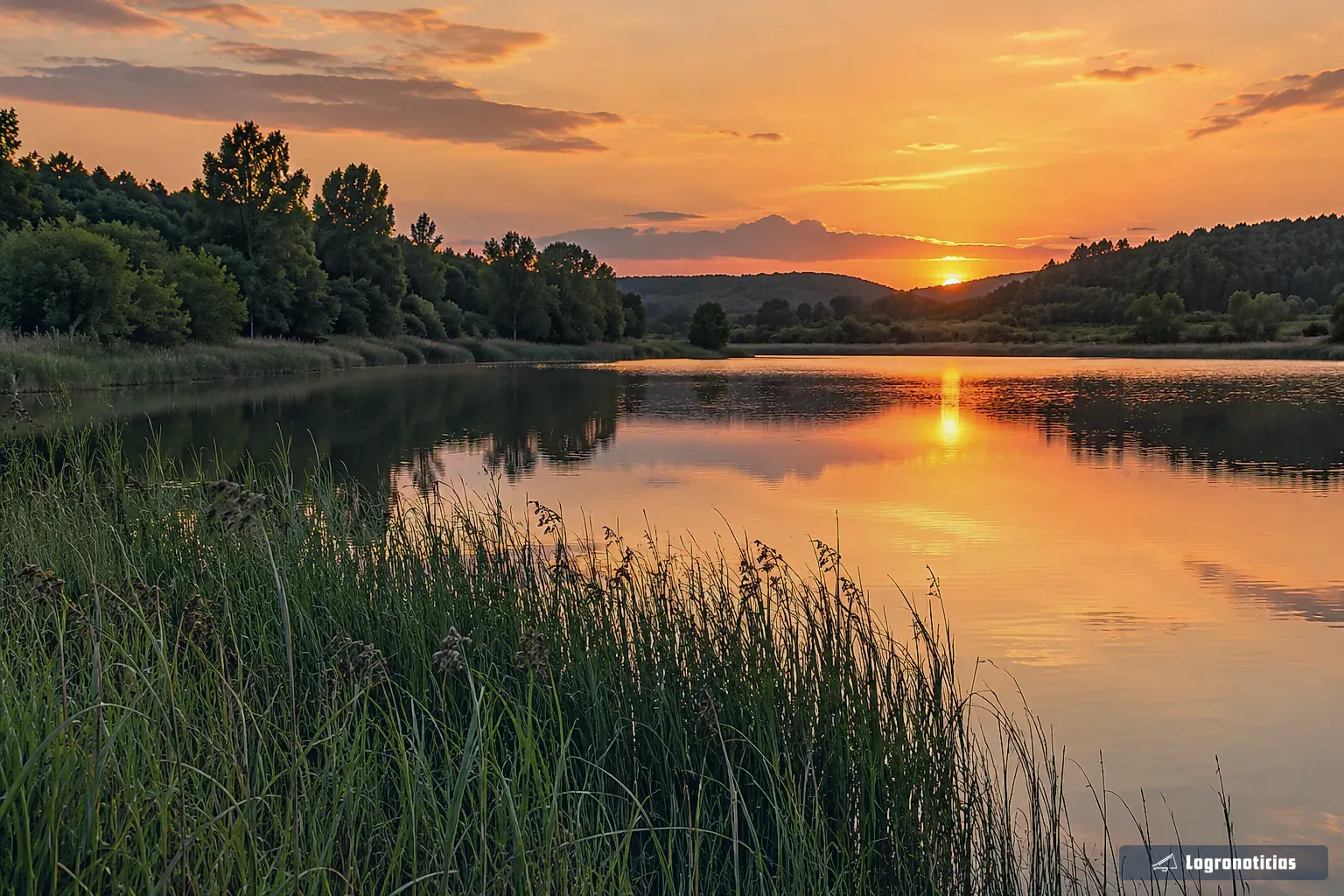 Embalse rodeado de juncos y arbolado al atardecer con el cielo anaranjado