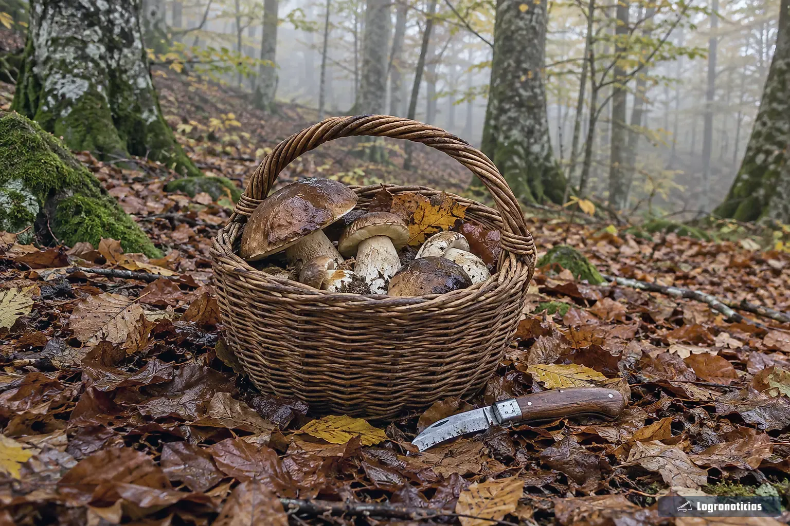 Cesta de mimbre con setas sobre la hojarasca de un bosque en otoño