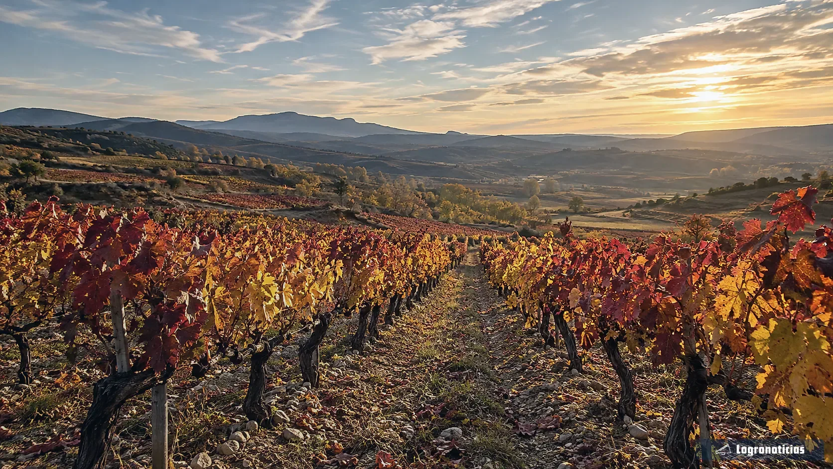 Viñedos con hojas de otoño bajo una luz natural
