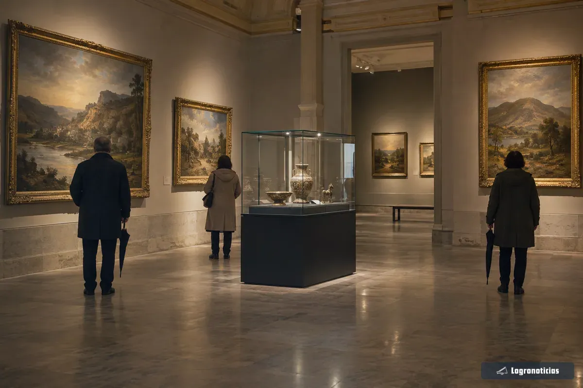 Visitantes de espaldas recorren una sala de museo con cuadros y vitrinas