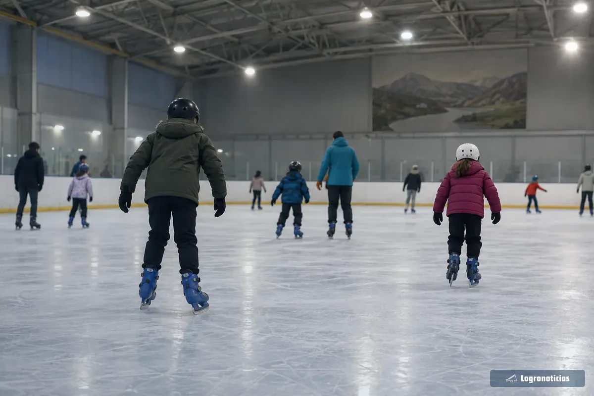 Niños con casco y guantes patinan en una pista de hielo cubierta