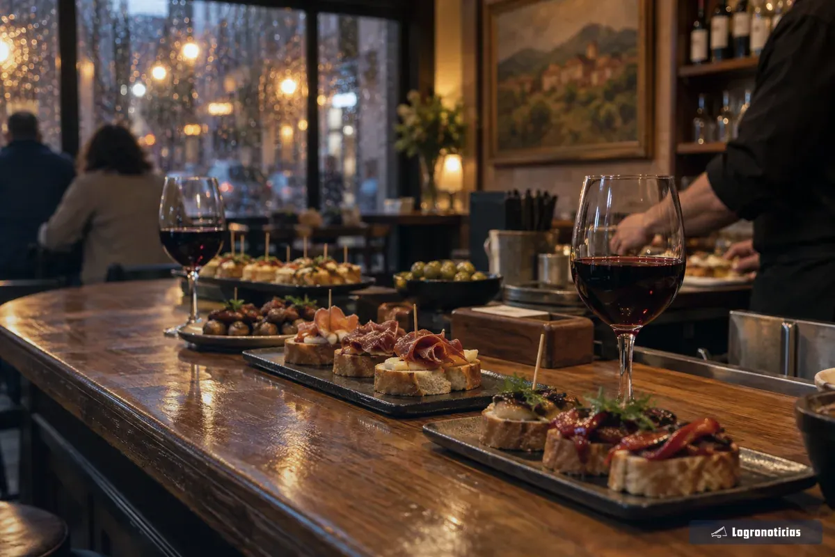 Barra de bar con pinchos junto a un ventanal con gotas de lluvia