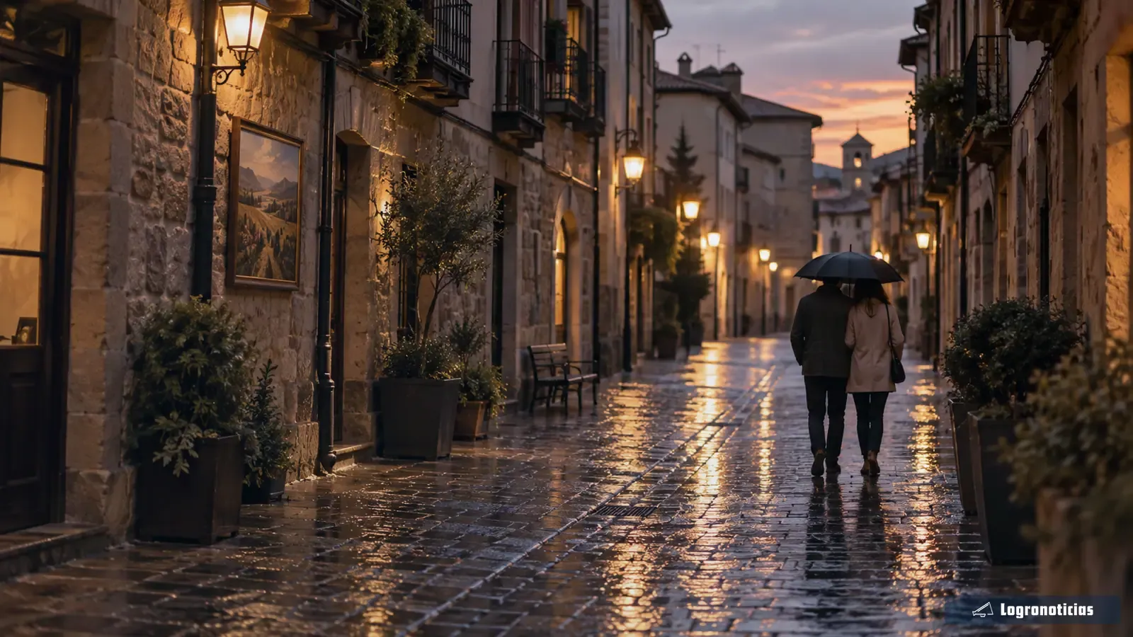 Pareja de espaldas bajo un paraguas en una calle mojada