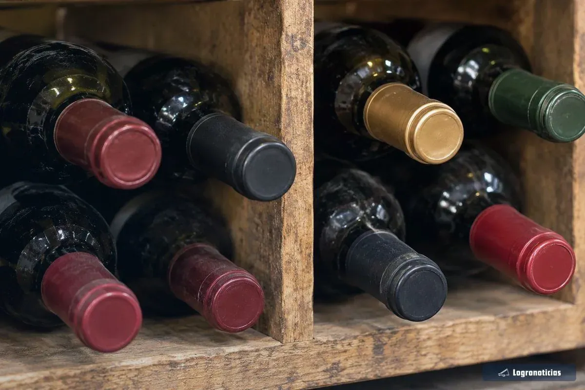 Botellas de vino tumbadas en un botellero de madera