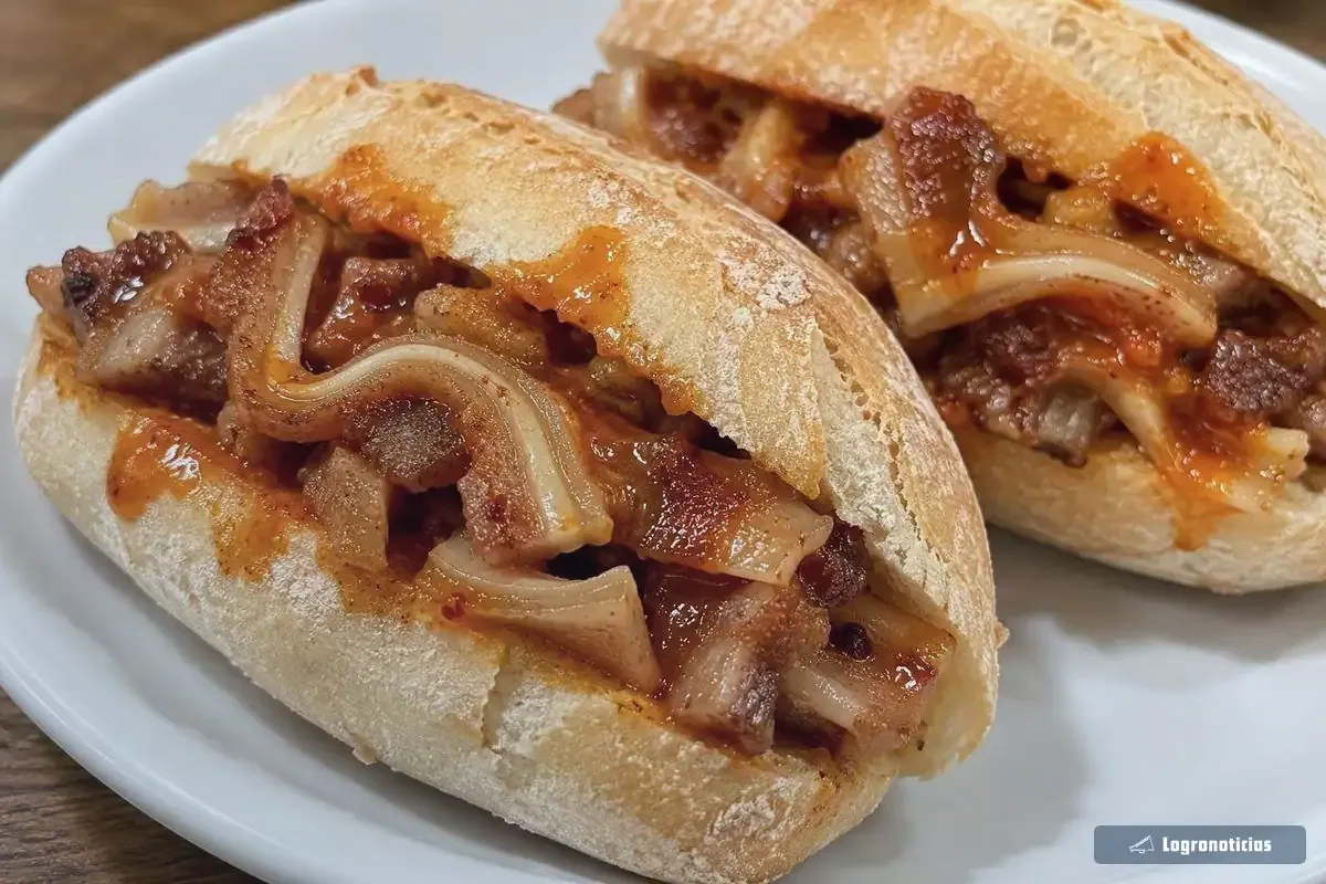 Bocatitas rellenas de oreja a la plancha con salsa picante en un plato