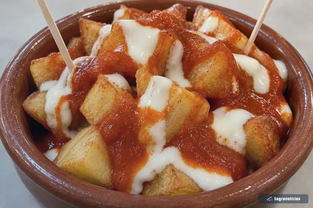 Cazuela de barro con patatas bravas y salsa picante en casa