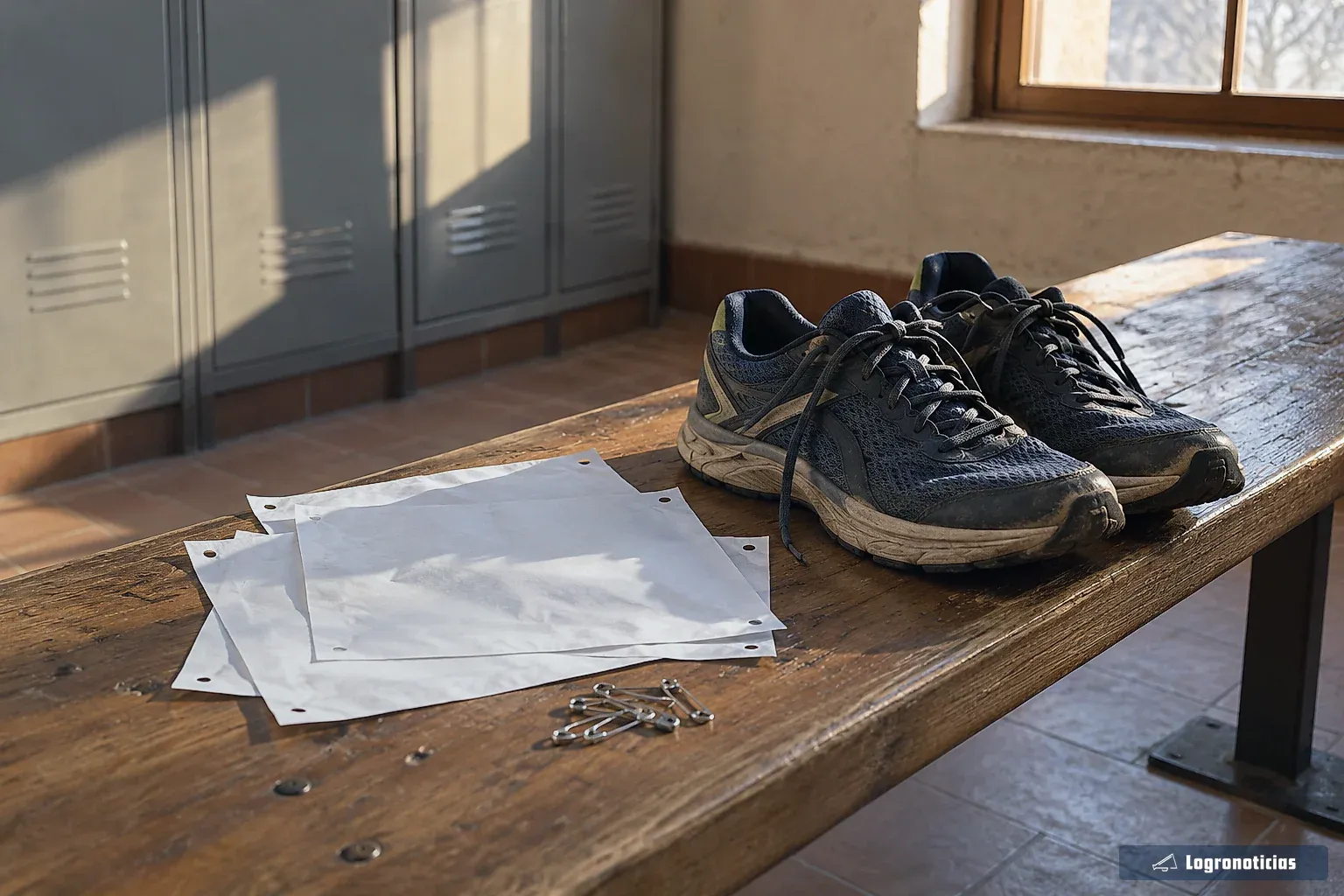 Dorsales de carrera y zapatillas de running sobre un banco de madera