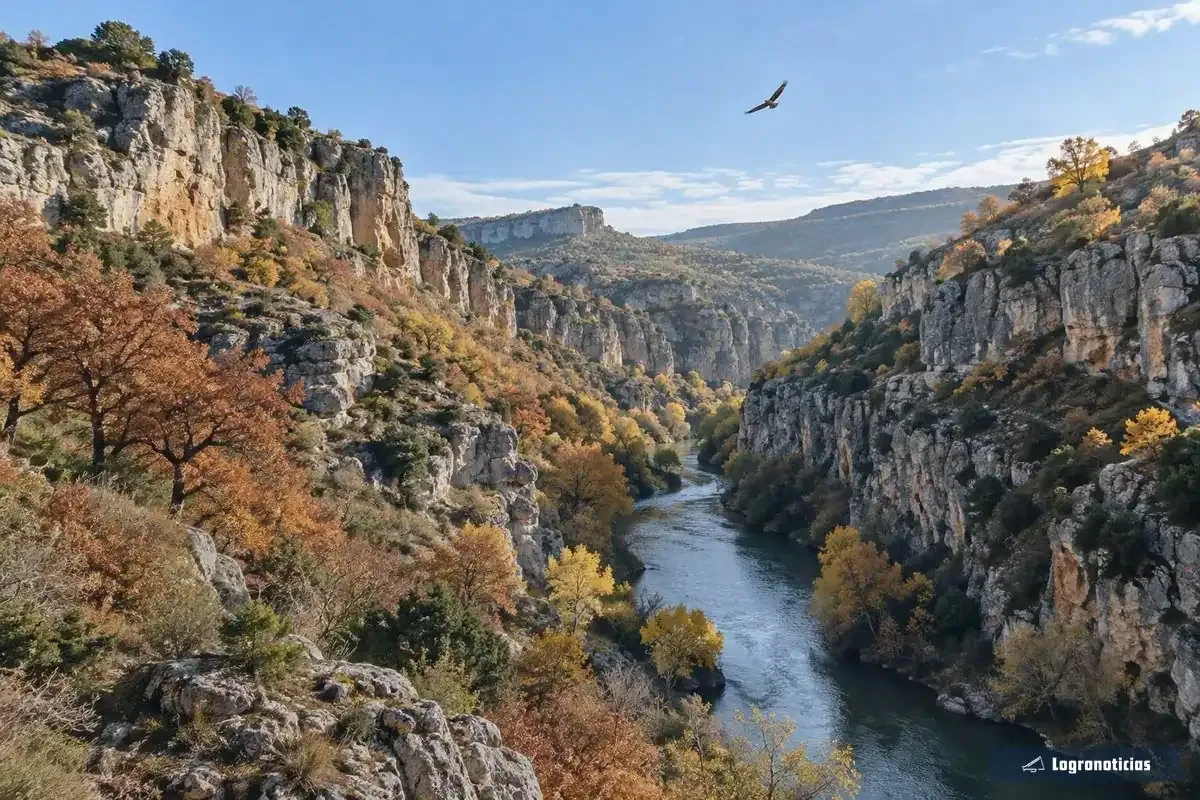 Paredes de roca caliza sobre un valle estrecho con robles y arbustos de otoño