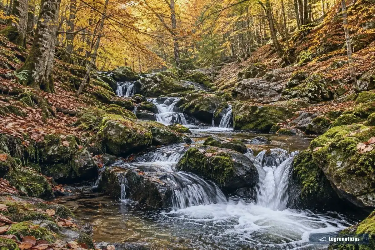 Arroyo de montaña con pequeñas cascadas entre hayas de hojas doradas