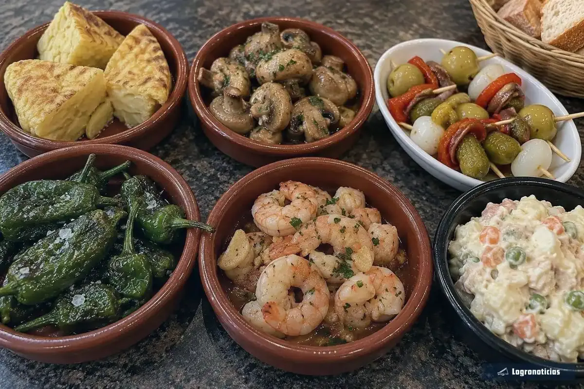 Pinchos variados en cazuelitas de barro sobre una barra, con el pan servido aparte