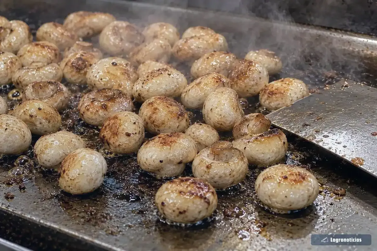 Champiñones dorándose en una plancha de bar junto a una espátula metálica