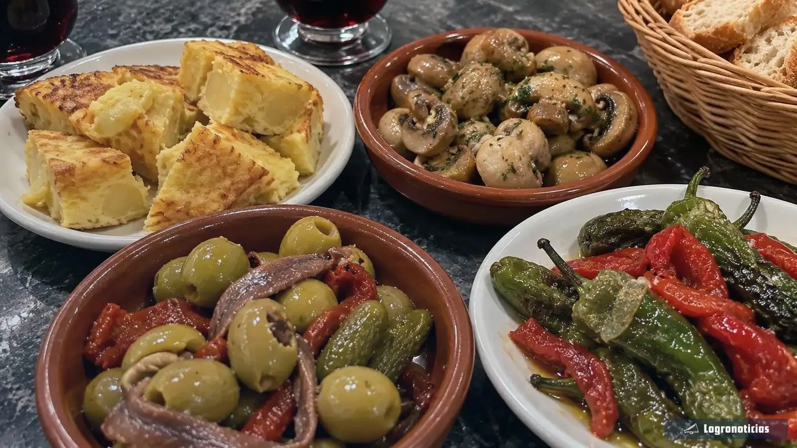Tapas de tortilla, champiñones, encurtidos y pimientos con pan aparte