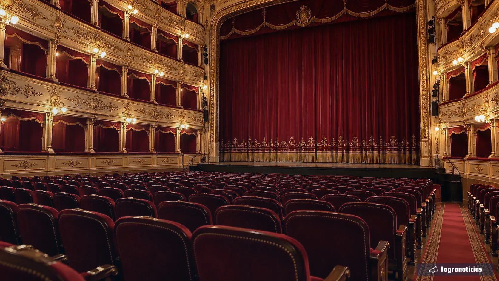 Patio de butacas rojas vacío frente al telón granate de un teatro con palcos dorados
