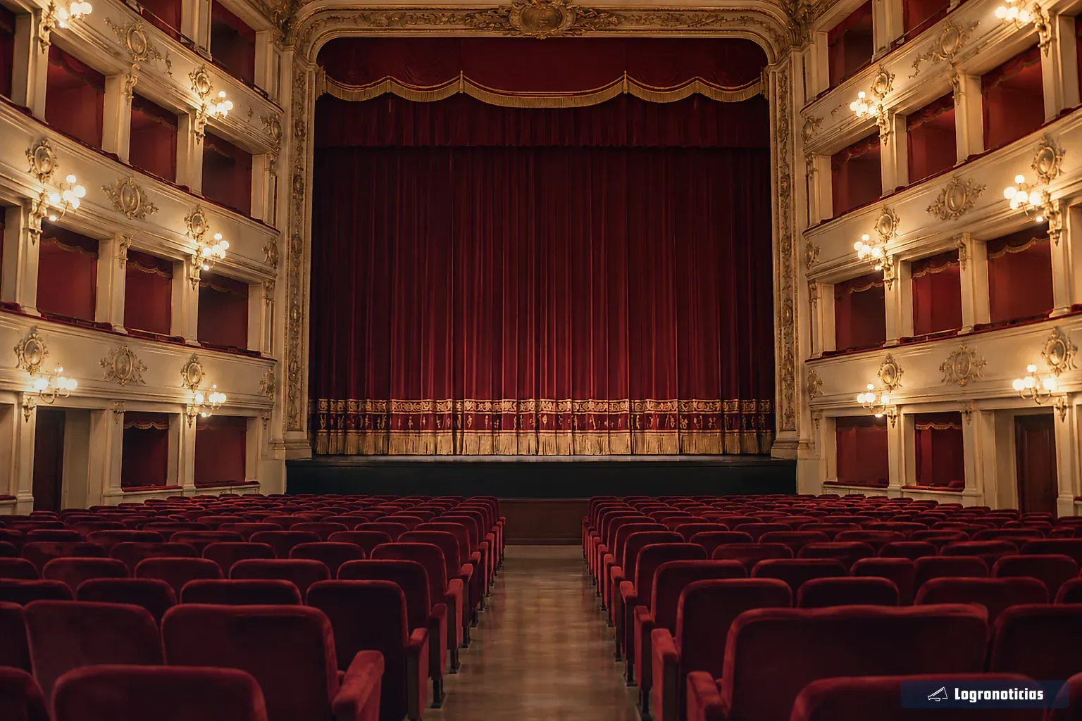Patio de butacas de un teatro con palcos y luz cálida antes de la función