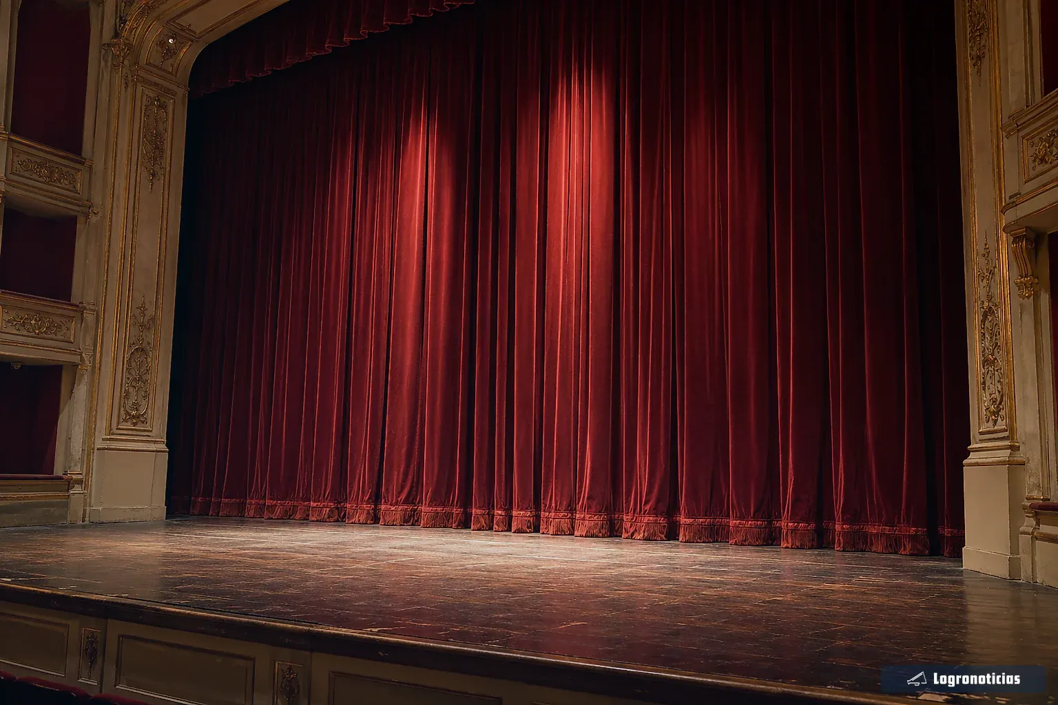 Escenario de un teatro con el telón rojo cerrado y focos encendidos
