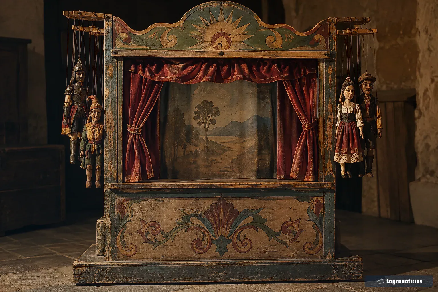 Teatrillo de madera con marionetas de hilo colgadas y un pequeño telón rojo