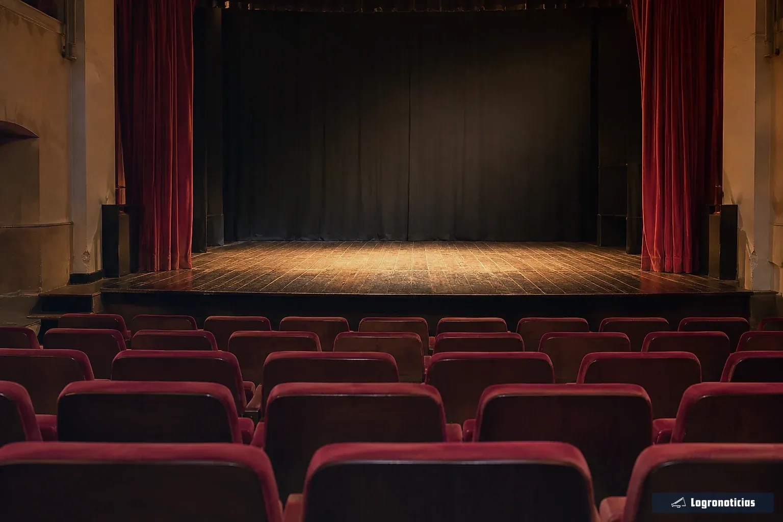 Butacas vacías de una sala pequeña frente a un escenario iluminado