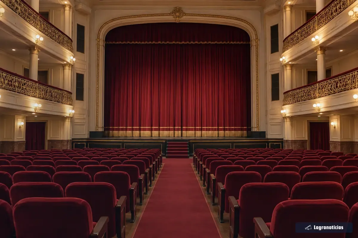 Patio de butacas rojo y dorado de un teatro clásico antes de la función