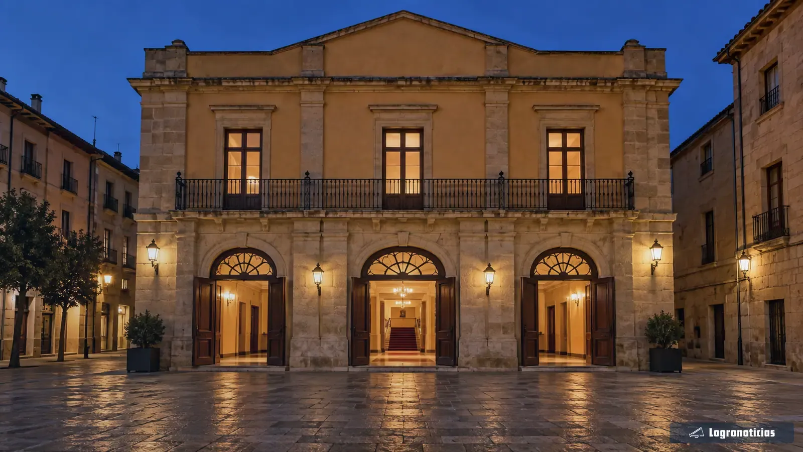 Fachada de teatro con puertas abiertas e iluminación cálida al anochecer