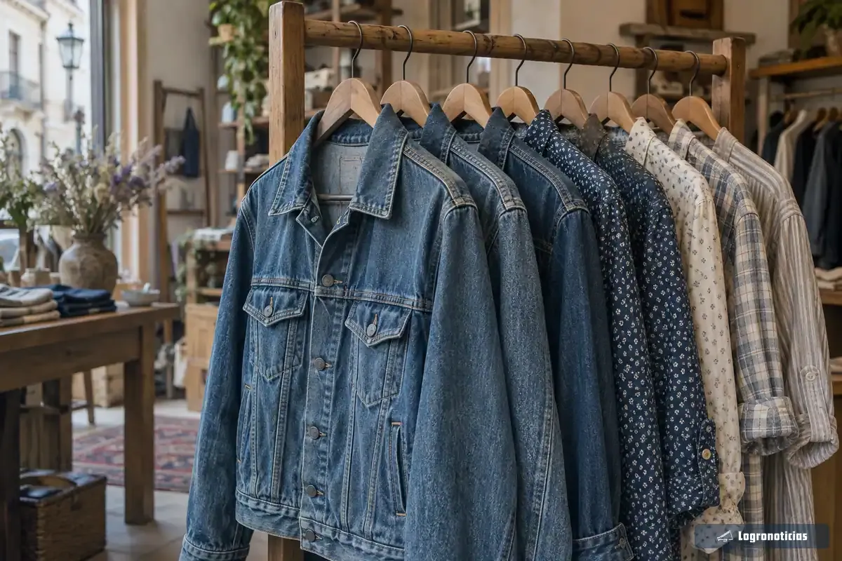 Perchero con chaquetas vaqueras y camisas estampadas en una tienda de ropa de segunda mano