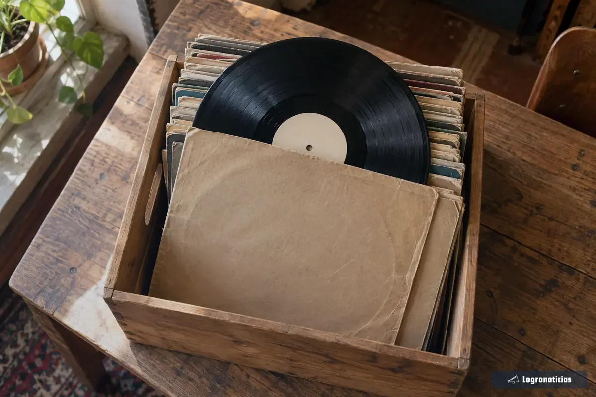Cubeta de discos de vinilo de segunda mano vista desde arriba