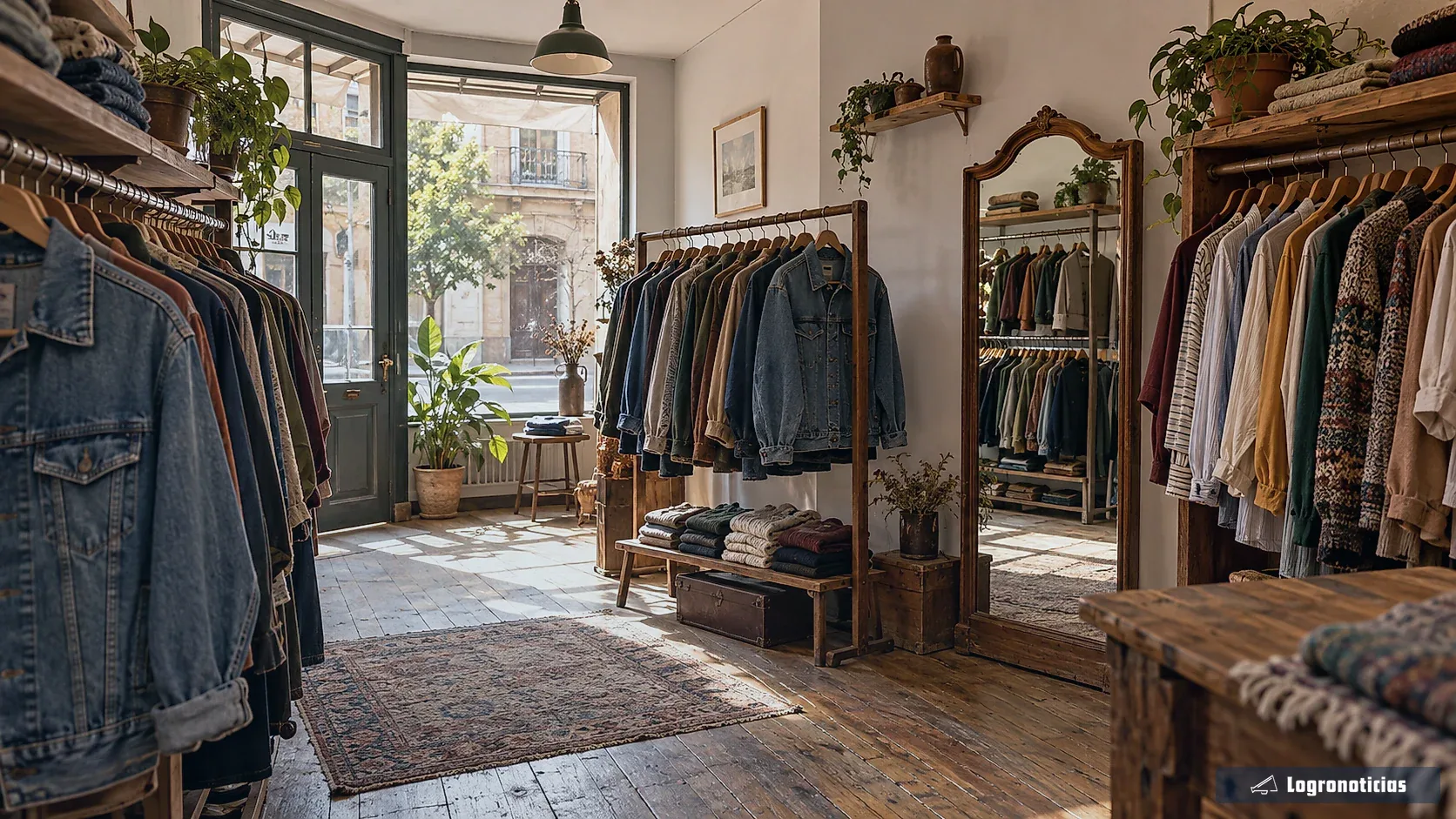 Interior de tienda vintage con percheros de madera y espejo antiguo