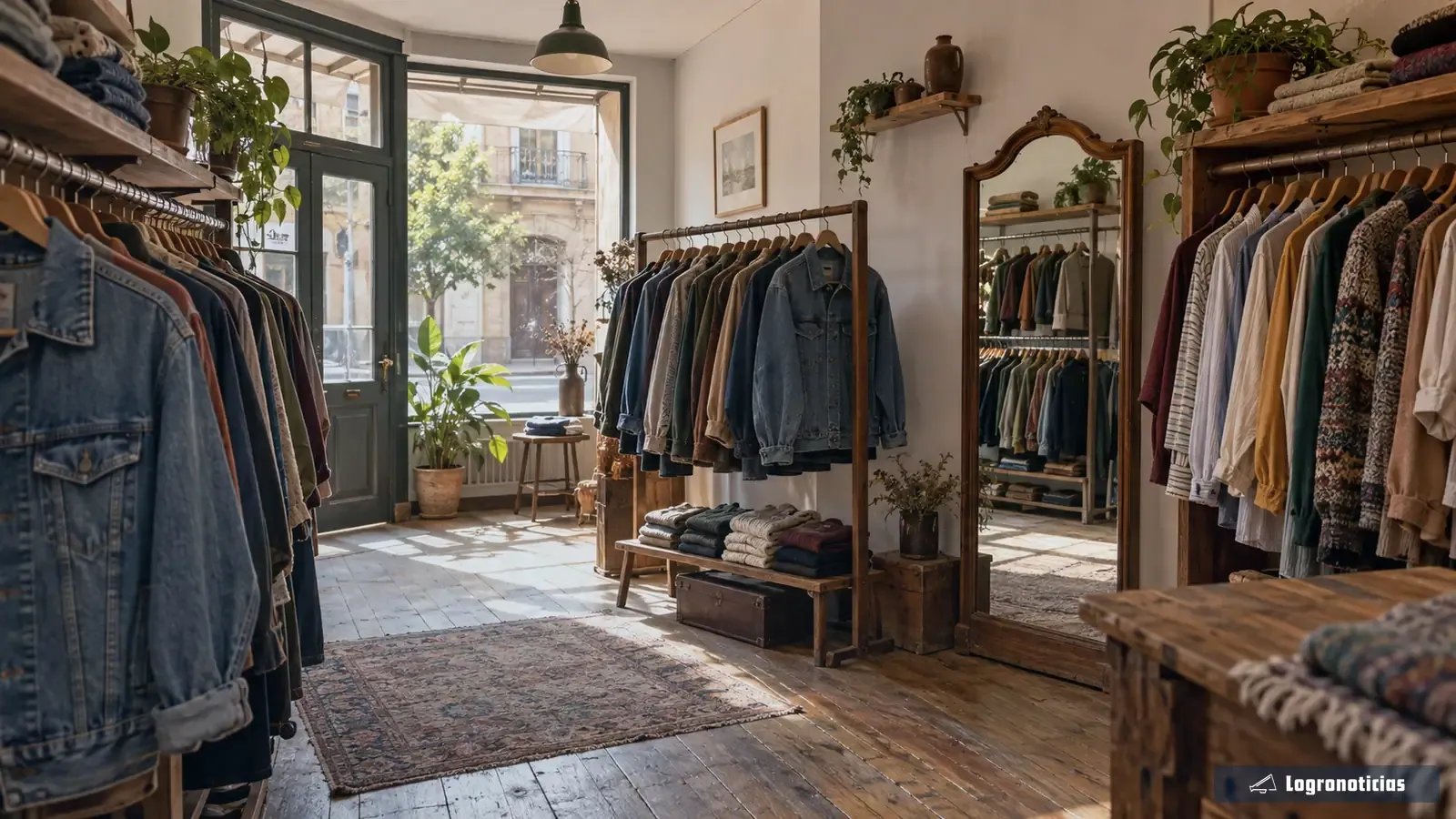 Interior de tienda vintage con percheros de madera y espejo antiguo