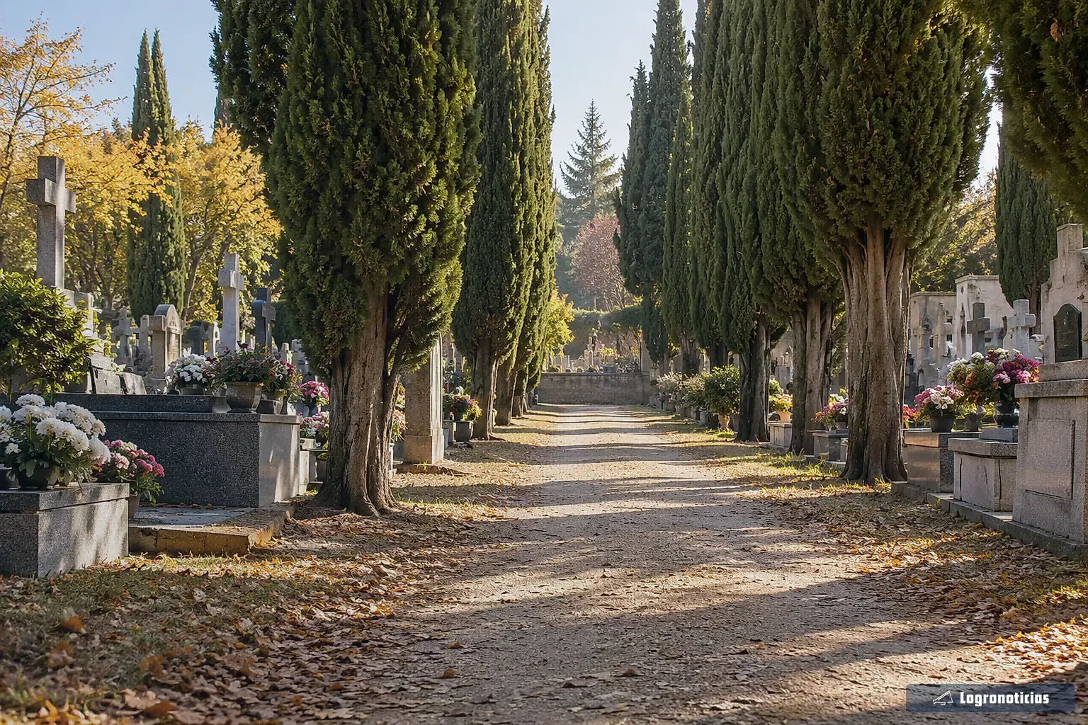 Camino de cipreses en un cementerio en otoño