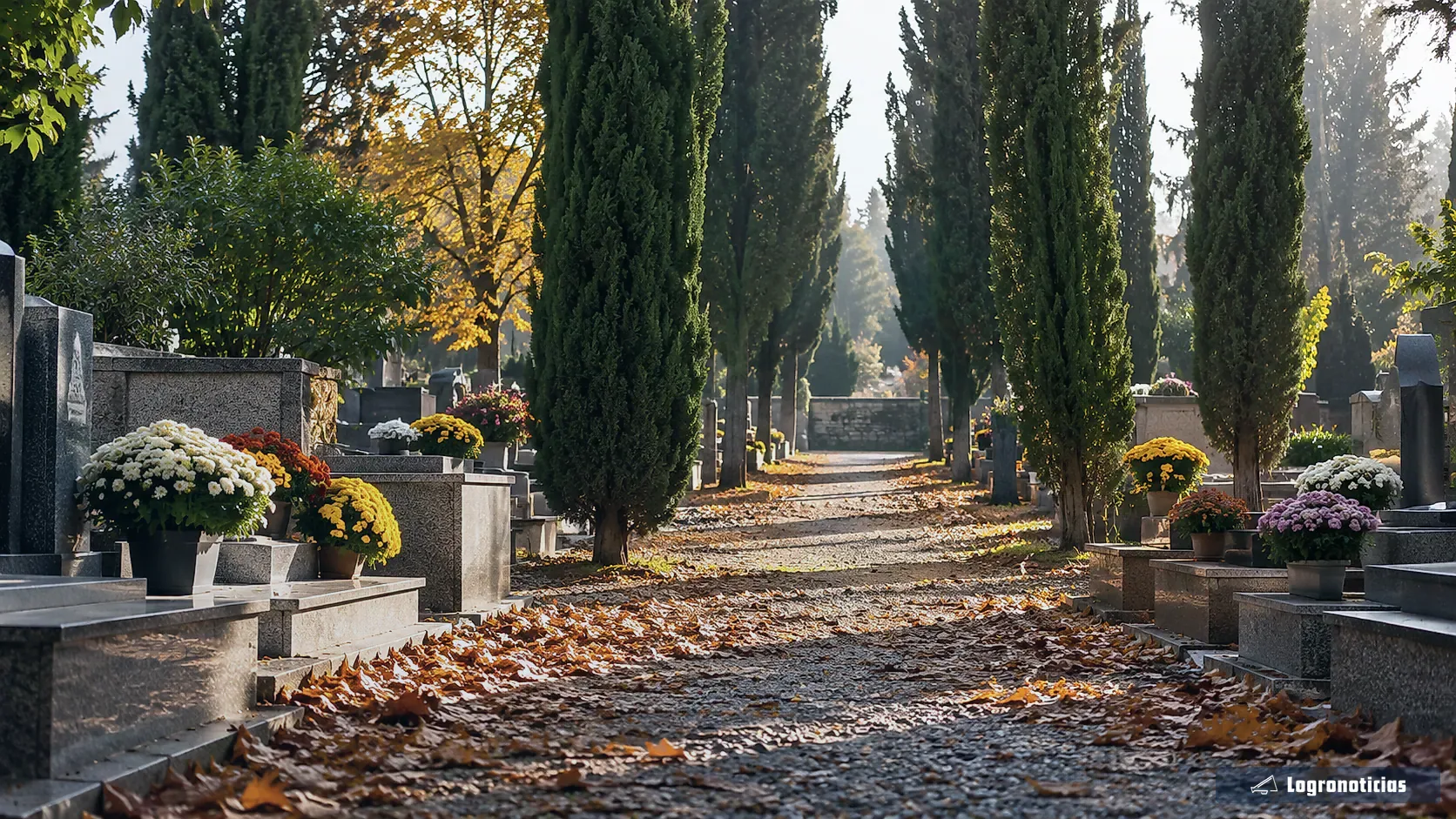 Camino de cementerio con cipreses y flores