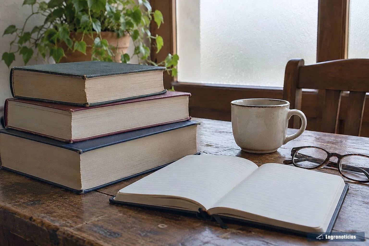 Libros apilados junto a una libreta abierta, unas gafas y una taza