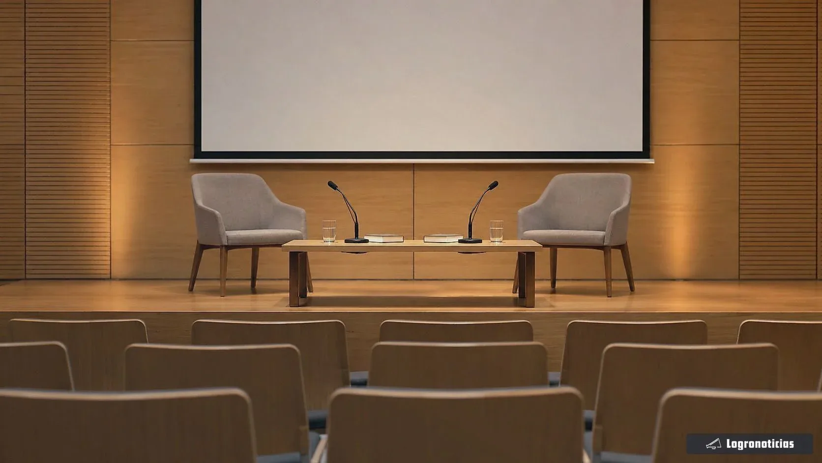 Escenario de una sala de conferencias con dos butacas, mesa y micrófonos antes de un encuentro