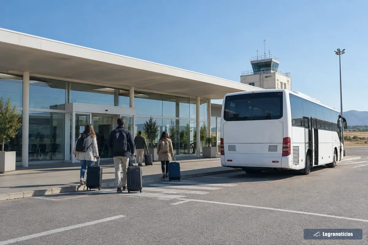 Terminal de un aeropuerto regional con un autobús lanzadera parado en la puerta