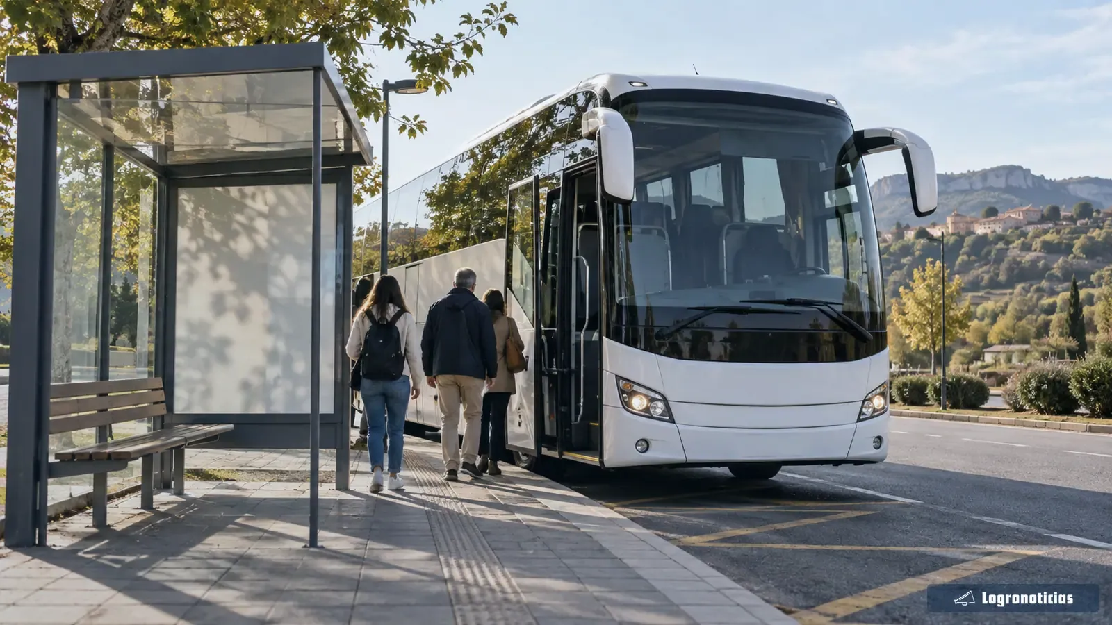 Autobús interurbano junto a una parada con viajeros de espaldas