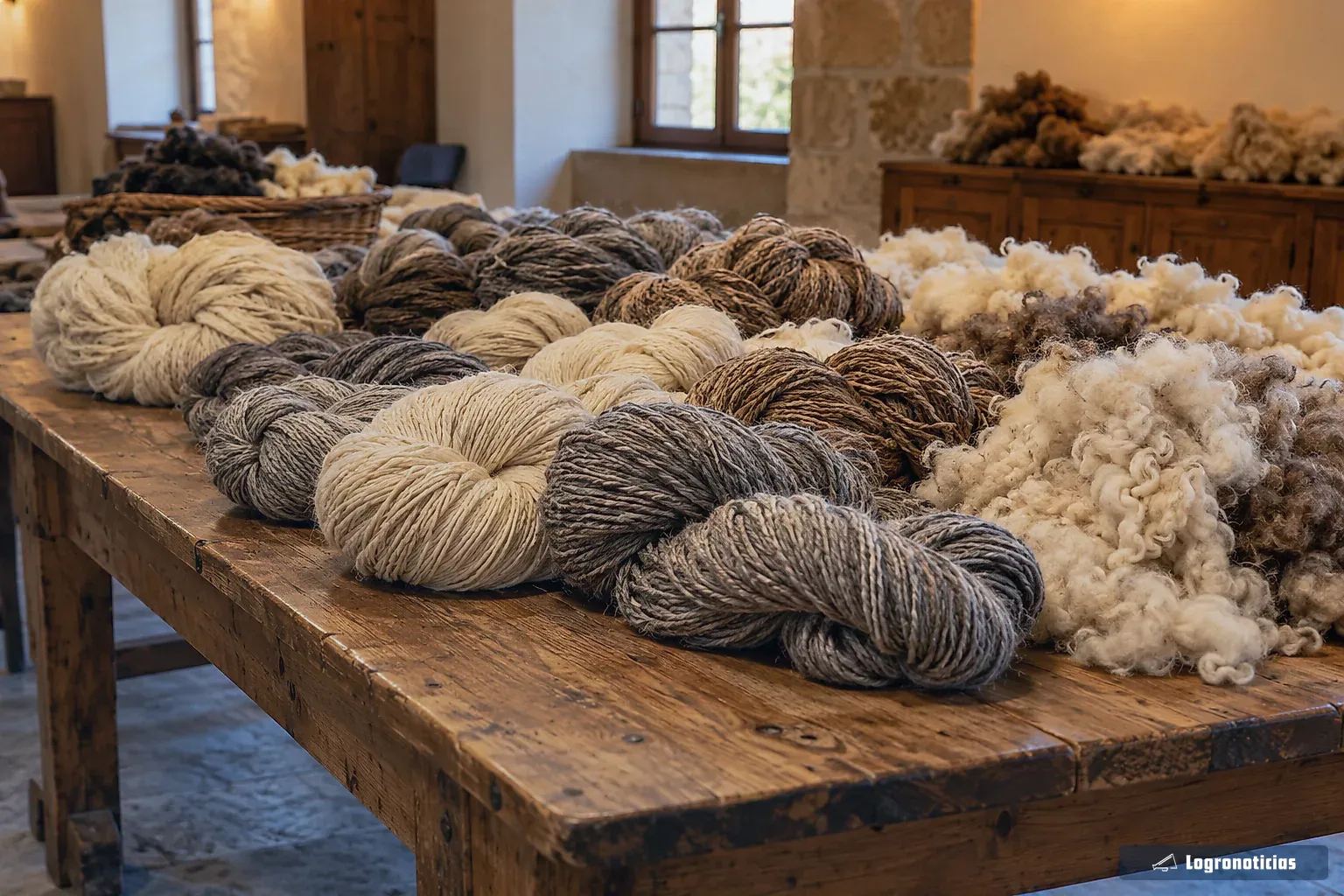 Madejas de lana natural sobre una mesa de madera