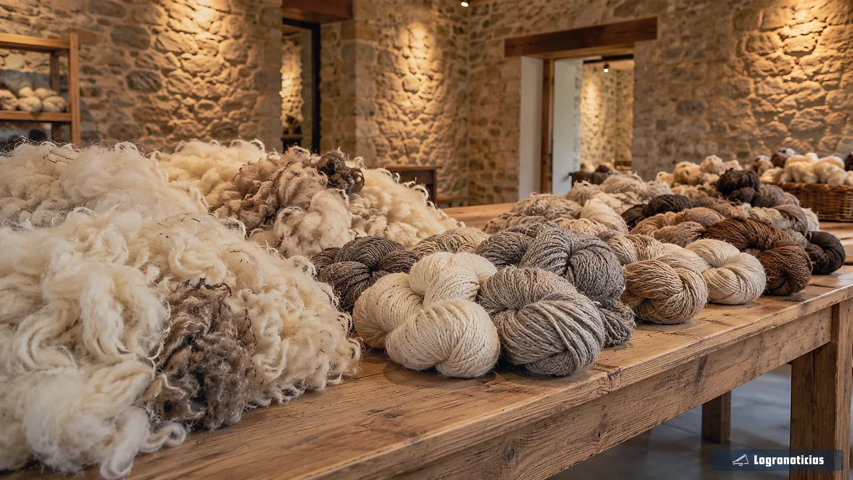 Madejas y vellones de lana natural en una sala de exposición